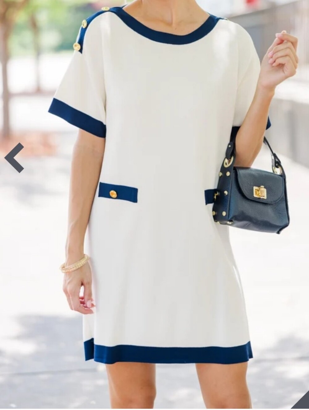 entro Cream Shift Dress with Navy Trim and Pocket Detail